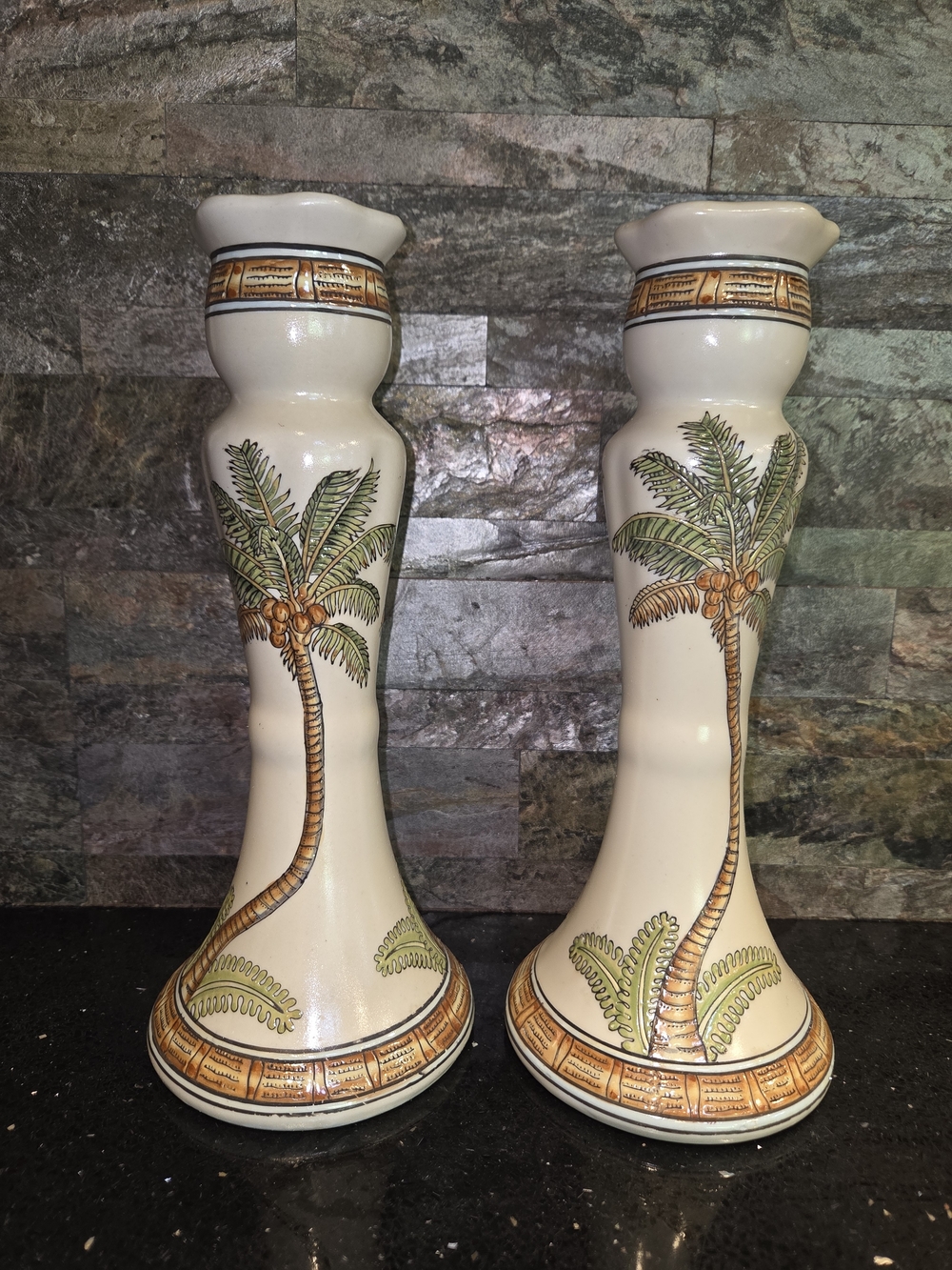 Andrea By Sadek Cream Ceramic Palm Tree Candle Holders - Tropical Pair
